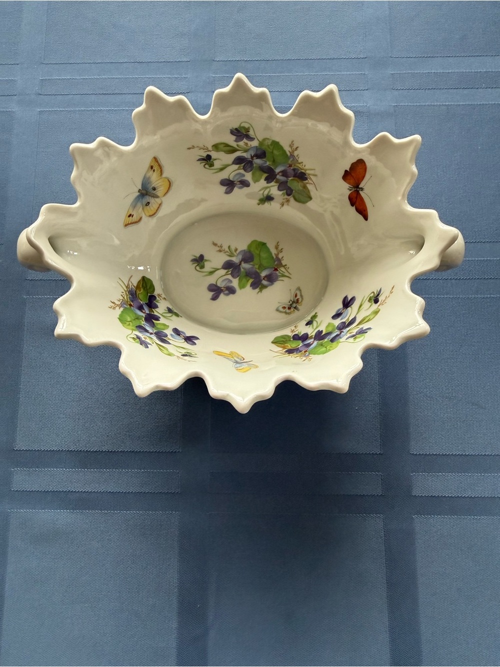 Decorative White Porcelain Bowl with Violet Floral and Butterfly Motif